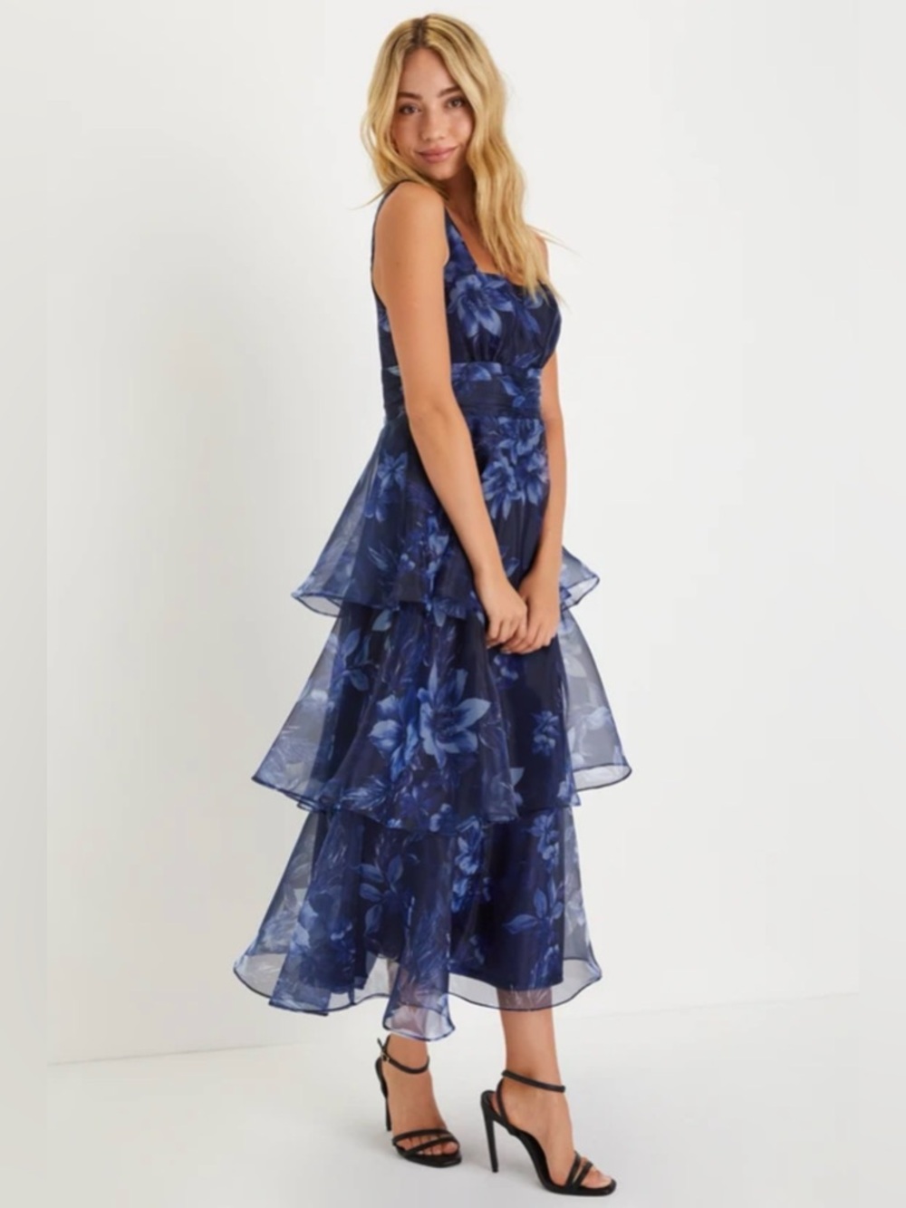 Lulus Dramatic Glamour Navy Blue Floral Organza Tiered Midi Dress - Picture 2 of 12